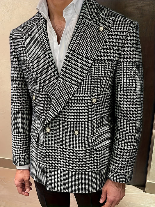 Men's machine washable plus size houndstooth blazer with double-breasted peak lapel, suitable for casual to business style, ideal for prom and formal events.