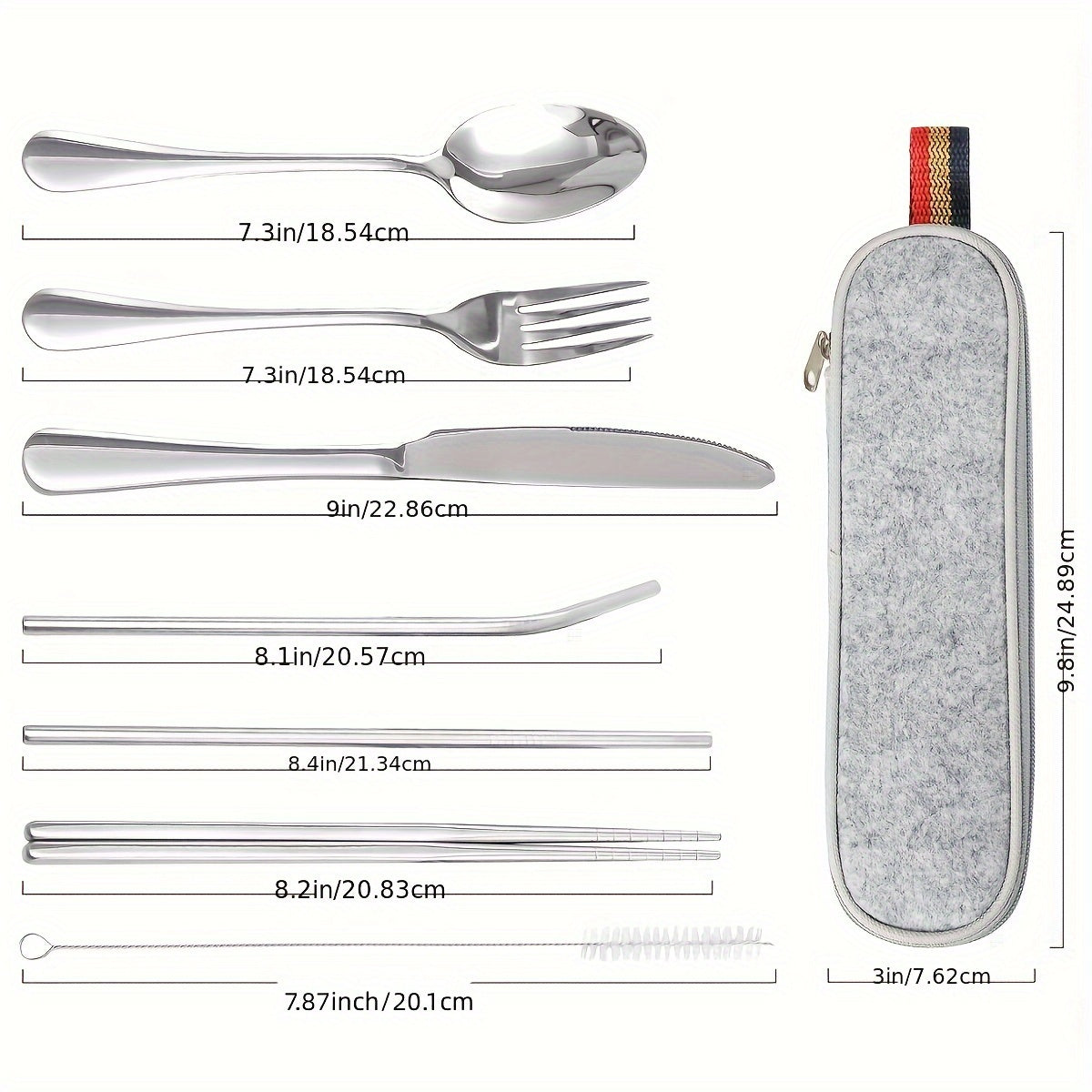 Travel camping set with 8 pieces of stainless steel cutlery includes knife, fork, spoon, chopsticks, cleaning brush, straw, and carry case.