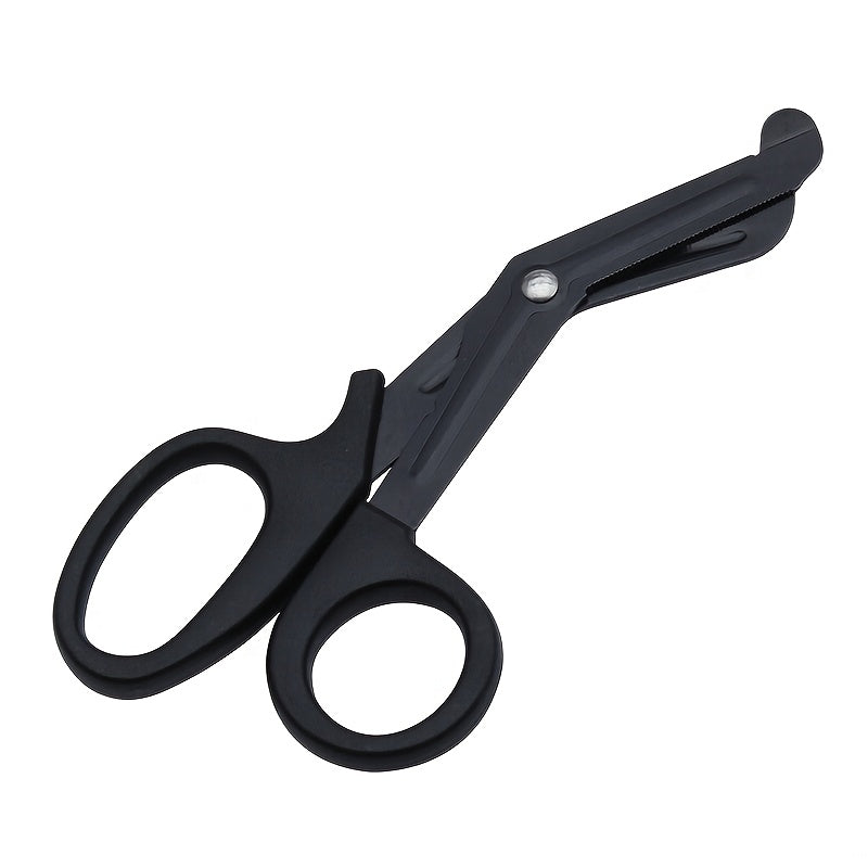 Stainless steel safety scissors with black coating, sharp for various outdoor uses, hand-friendly.