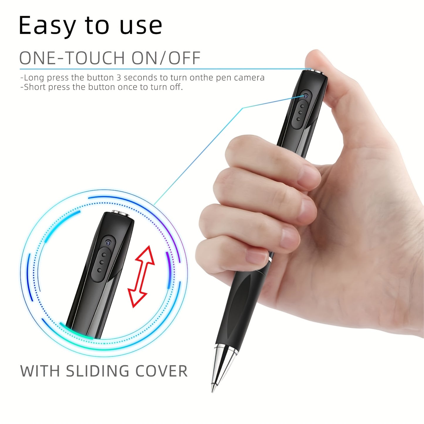 1pc 1080P HD Mini Nanny Camera Pen with 64GB rechargeable lithium battery, touch control, and one button loop recording. Suitable for indoor use in office meetings.