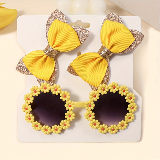 Hair clip and glasses set for women 14+ years old, includes 3 pieces with bow clip and floral glasses in elegant and cute style.