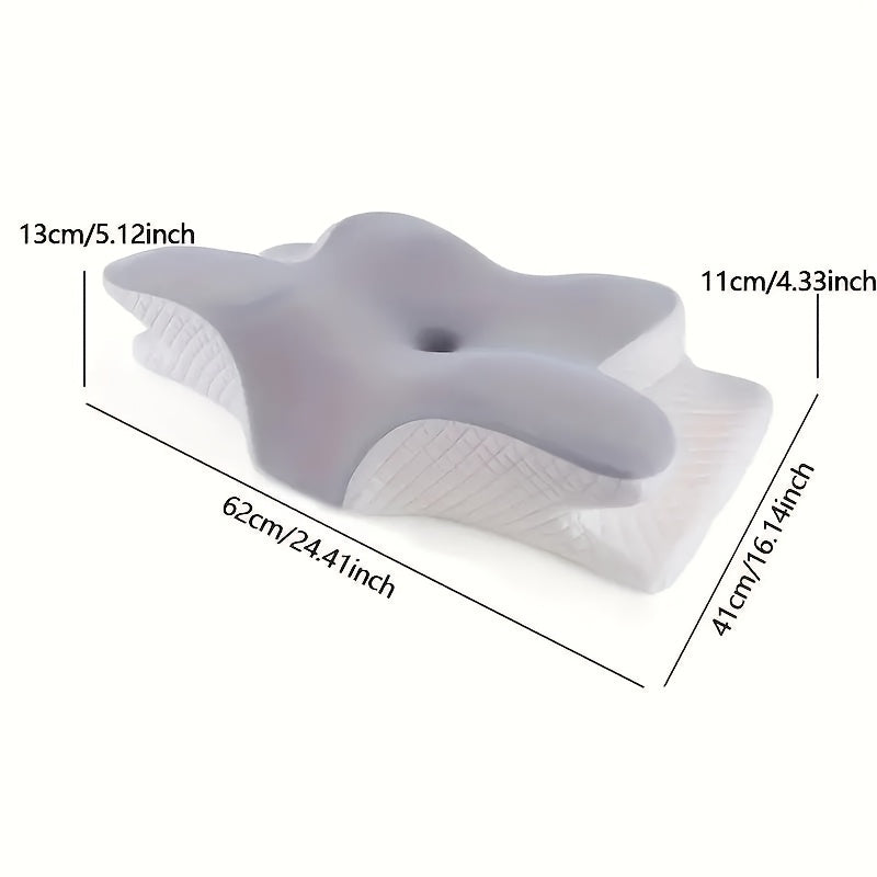 Memory foam Butterfly pillow providing ergonomic cervical spine support for back and side sleepers, with slow rebound and machine washable pillowcase.