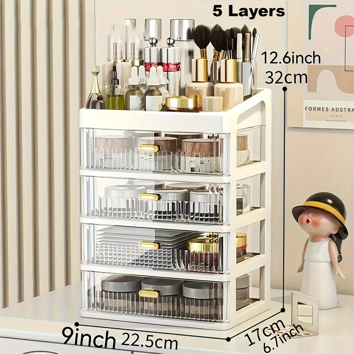 Large makeup organizer with drawer for vanity, dresser, bathroom, and countertop storing cosmetics, perfume, skincare, and toiletries.