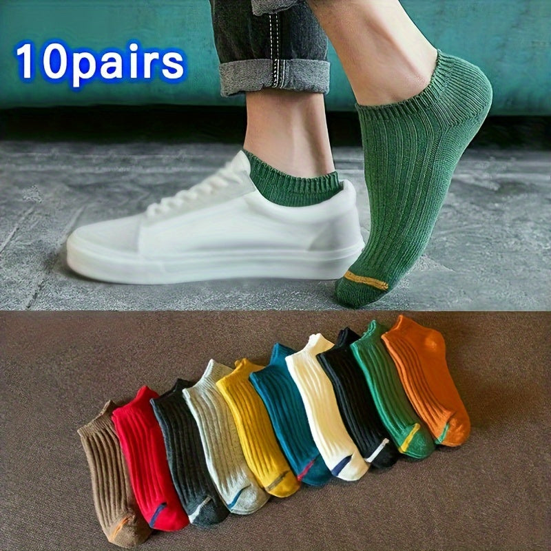 10 Pairs of Men's Solid Liner Anklet Socks, Breathable and Absorbent for Outdoor Wear