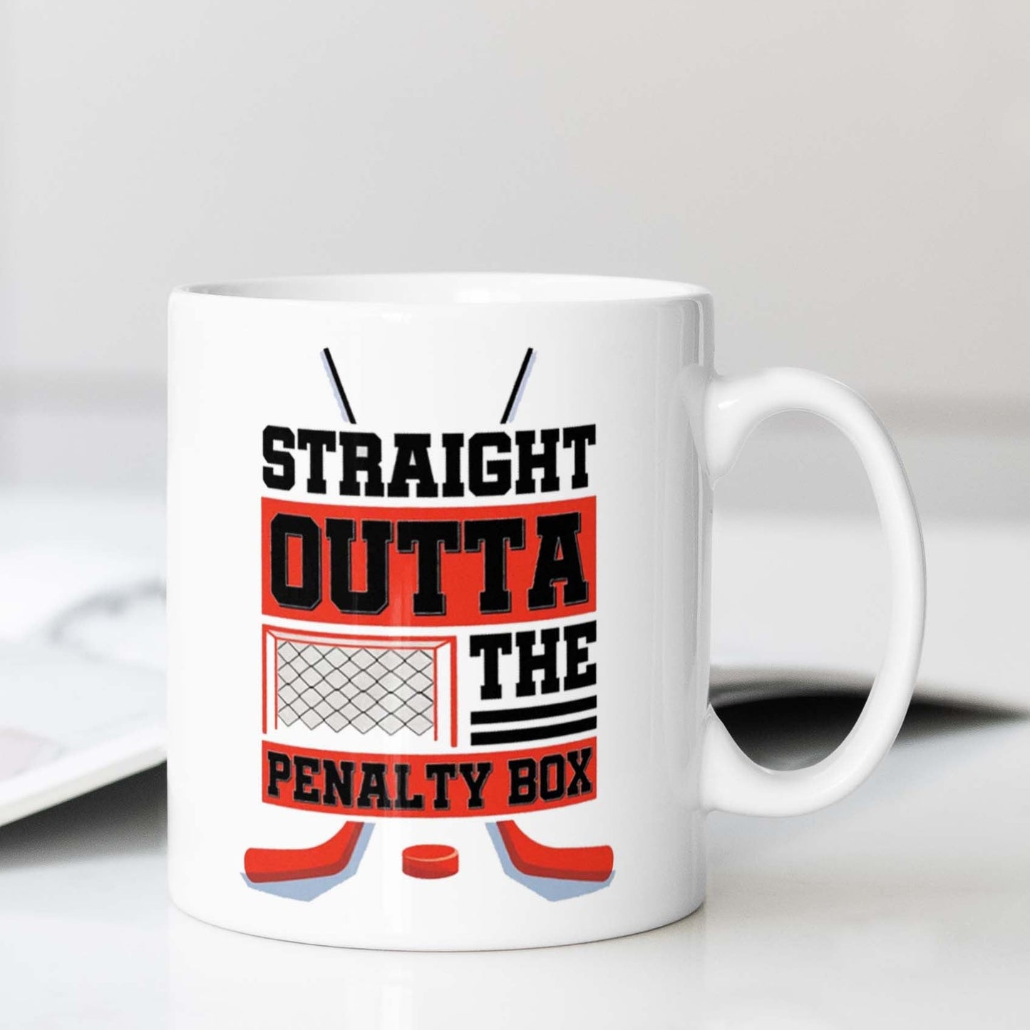 One hockey-themed ceramic mug, 11oz size, safe for food, doesn't require electricity, perfect for office, camping, dining - featuring the "Straight Outta The Penalty Box" design.