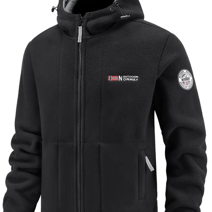 Men's fleece-lined hooded jacket for fall/winter activities, featuring windproof design, zipper pockets, and embroidery details.