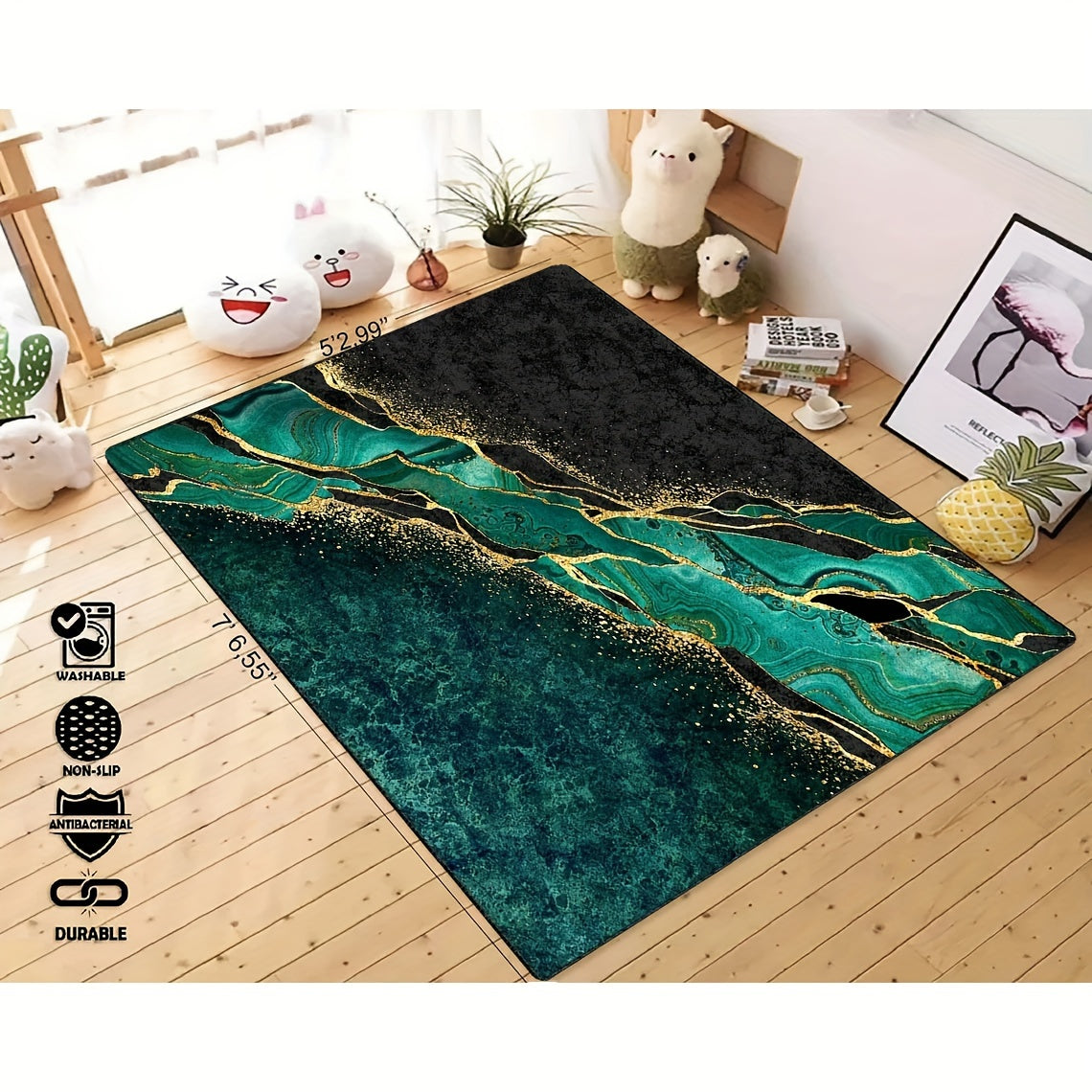 Green Abstract Area Rug - Soft, Non-Slip, and Stain Resistant - Machine Washable Polyester Floor Mat for Living Room and Kitchen Decor