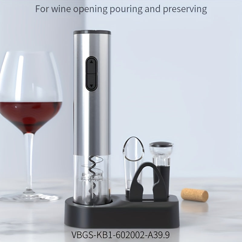 This Electric Wine Bottle Opener features a stylish CD Pattern design in durable Stainless Steel. The Automatic Corkscrew requires 4 AA Batteries (Batteries not included).