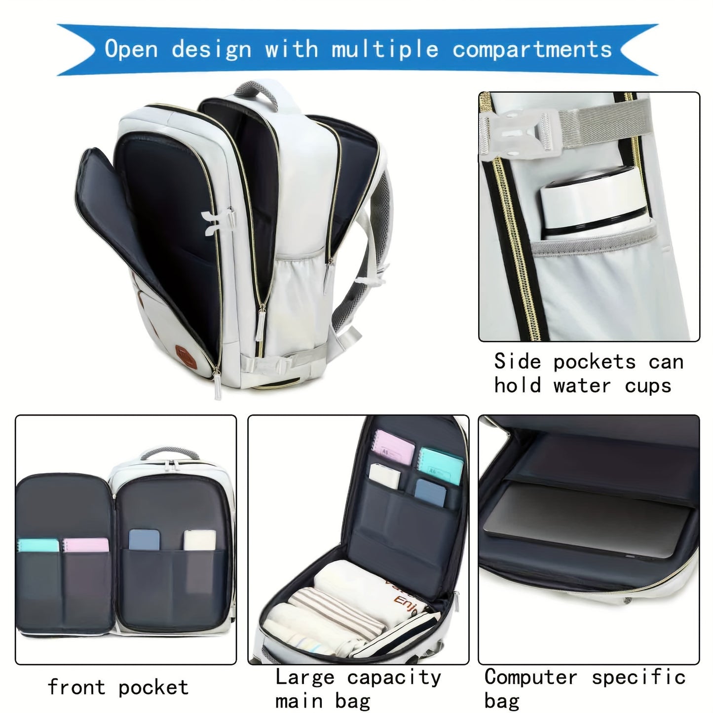 Stylish white and black travel backpack with shoe compartment, USB charging port, and durability for outdoor and school use.