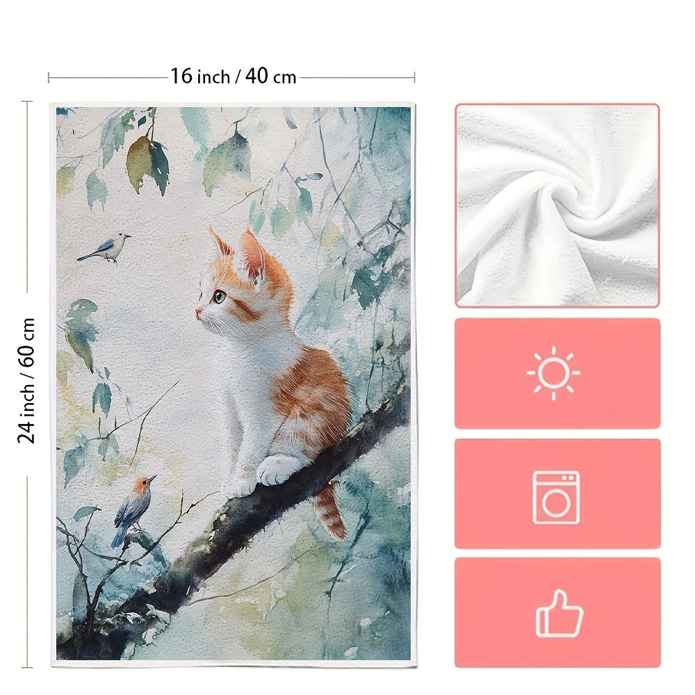 Set of 2 Ultra Soft Kitchen Towels featuring a Charming Kitten & Birds Design. Made of Highly Absorbent Polyester, these Dish Hand Towels are Machine Washable and Ideal for Holiday Decor. Each towel measures 40.64x60.96 cm.