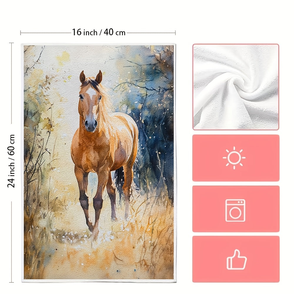 Set of 2 Coastal Horse Design Kitchen Towels, Made of Highly Absorbent Polyester Knit Fabric, Easy to Clean in the Washing Machine, Featuring a Modern Contemporary Style, Size 40.64x60.96 cm - Model Number 2KYSYS1218557, Horse Themed Towels for the