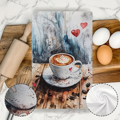 Set of 2 Ultra Soft Polyester Kitchen Towels featuring a Coffee Lover's Dream Design with Heart & Latte Art, Highly Absorbent & Machine Washable Dish Hand Towels, 40.64x60.96 cm - Ideal for Valentine's Day Decor, Coffee Lover Gift | Romantic Towel Design