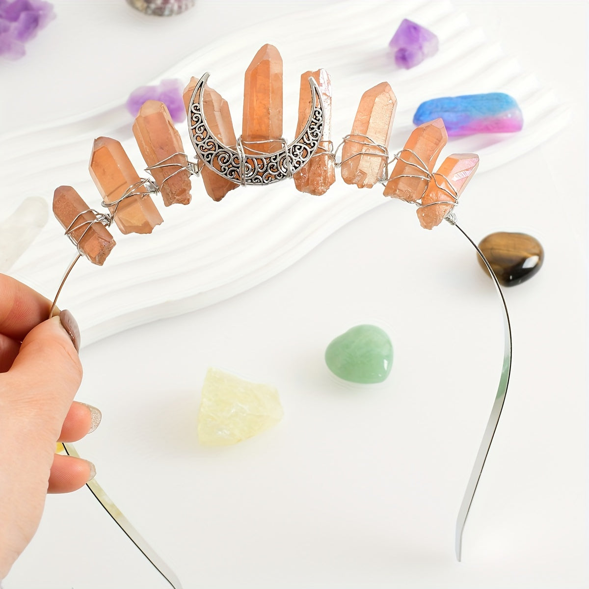 Crystal quartz raw stone crown hairband tiara headband jewelry for weddings and parties for women.