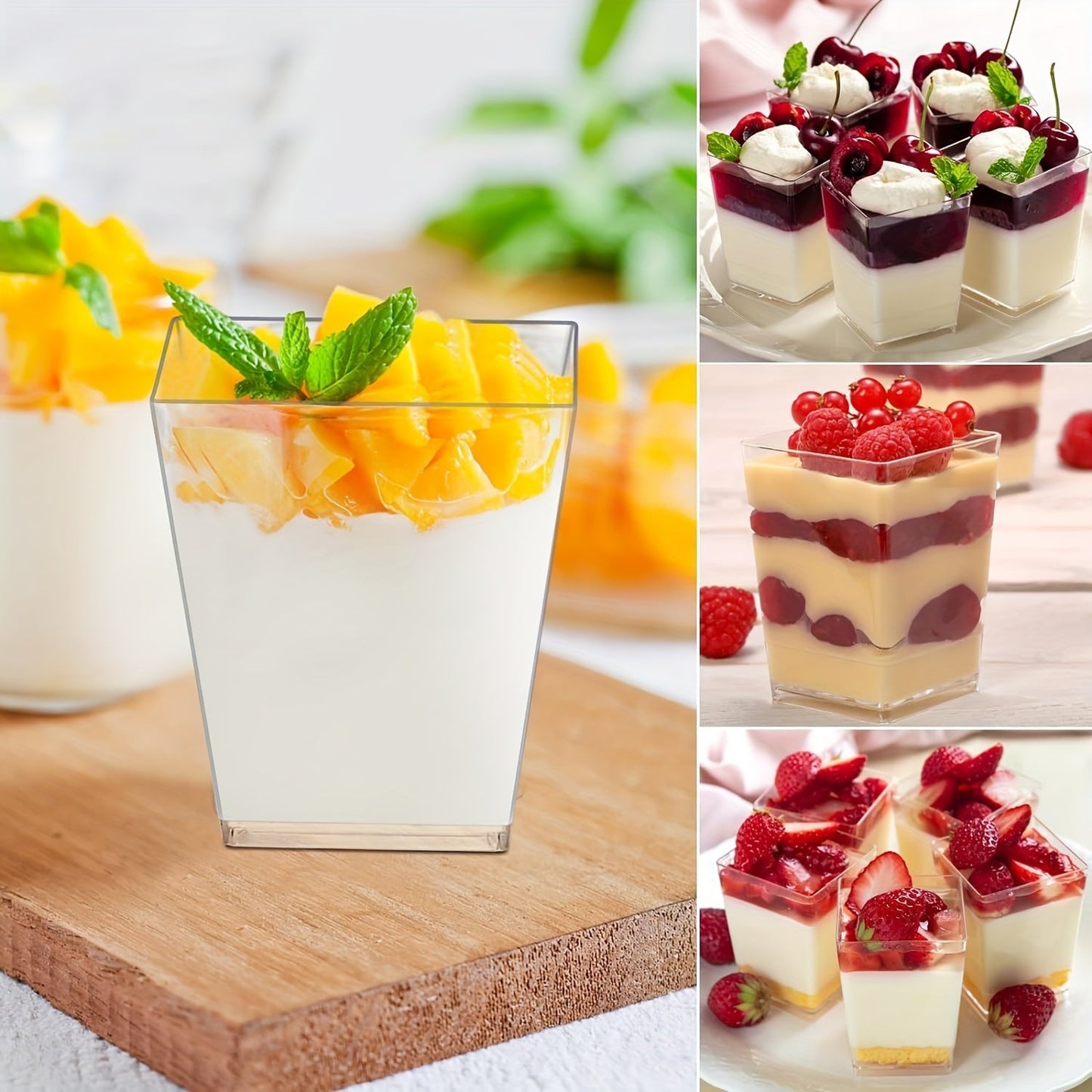 50 pieces of 5-ounce plastic dessert cups, small clear square disposable cups for party, wedding, outdoor events. Perfect for serving yogurt, pastries, appetizers, fruits, and pudding.