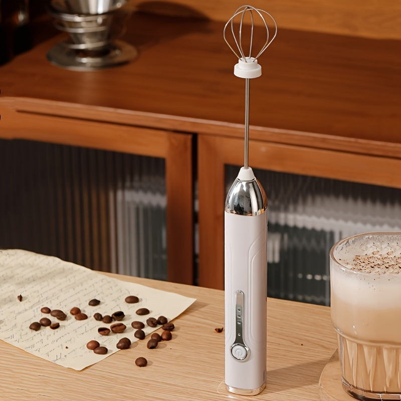 White Compact USB-Rechargeable Handheld Mixer and Milk Frother with Stainless Steel Whisk, Dual Interchangeable Heads for Egg Beating and Baking, 800mAh Lithium Battery, Perfect for Coffee and Cappuccino, Ideal for Household Baking Needs, Wireless Cream