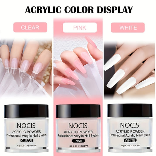 NOCIS Complete Acrylic Nail Kit for Beginners includes clear, pinkish, and nude powders with non-yellowing liquid and professional tools.