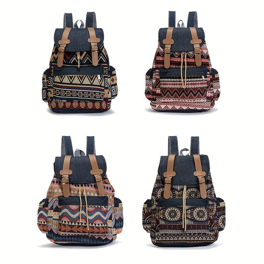 Boho Chic Women's Denim Backpack with Geometric Tribal Pattern, Adjustable Straps, Large Capacity, Multiple Compartments, Zippered Pockets, Blue & Brown Design.