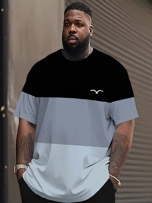 Large men's color-blocked t-shirt with digital bird print, designed for summer sports, featuring round neck and short sleeves. Plus size.