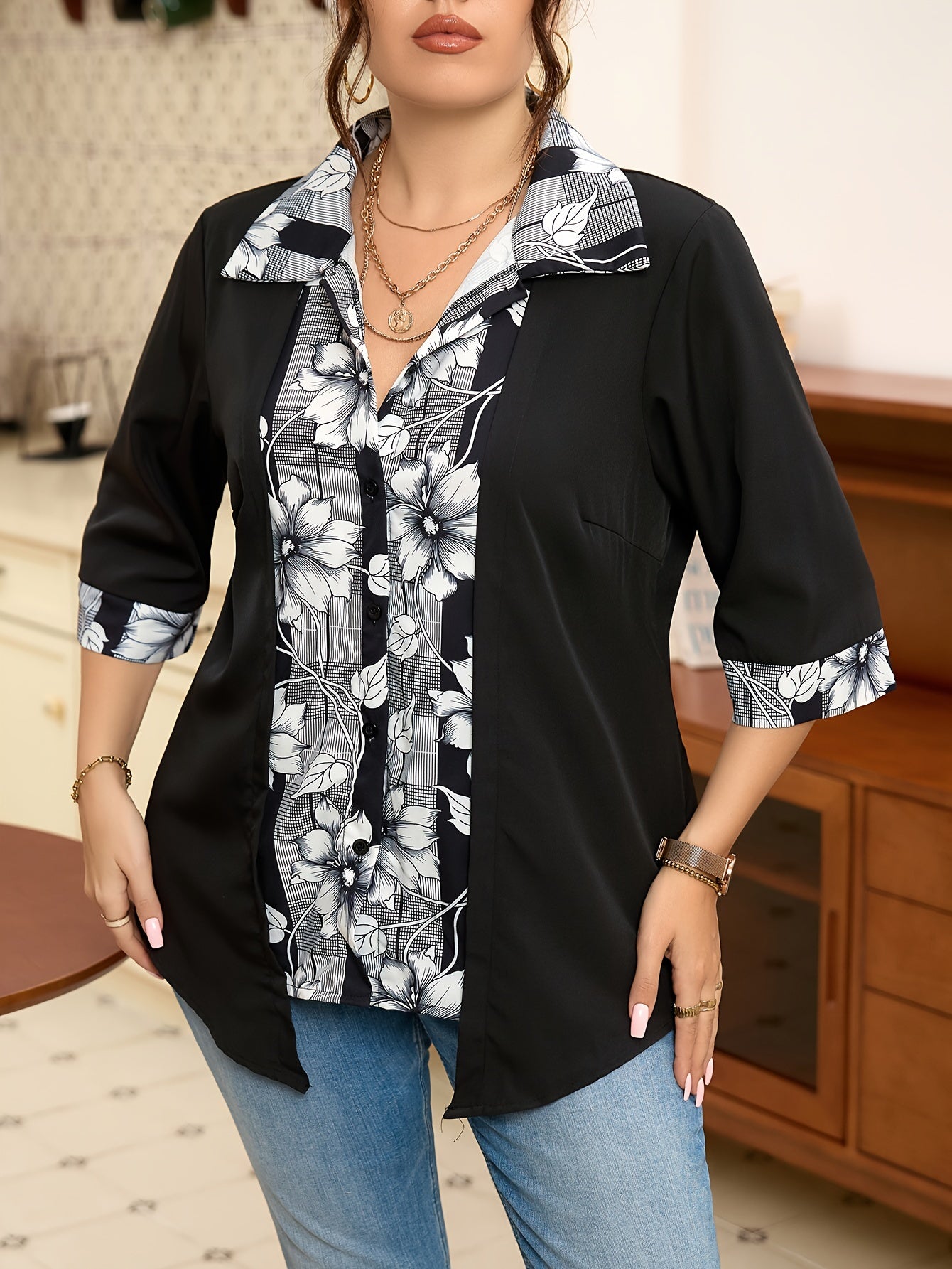 Plus Size Floral Patchwork Shirt with Button Front, 3/4 Sleeve for Spring & Fall. Women's Plus Size Clothing.