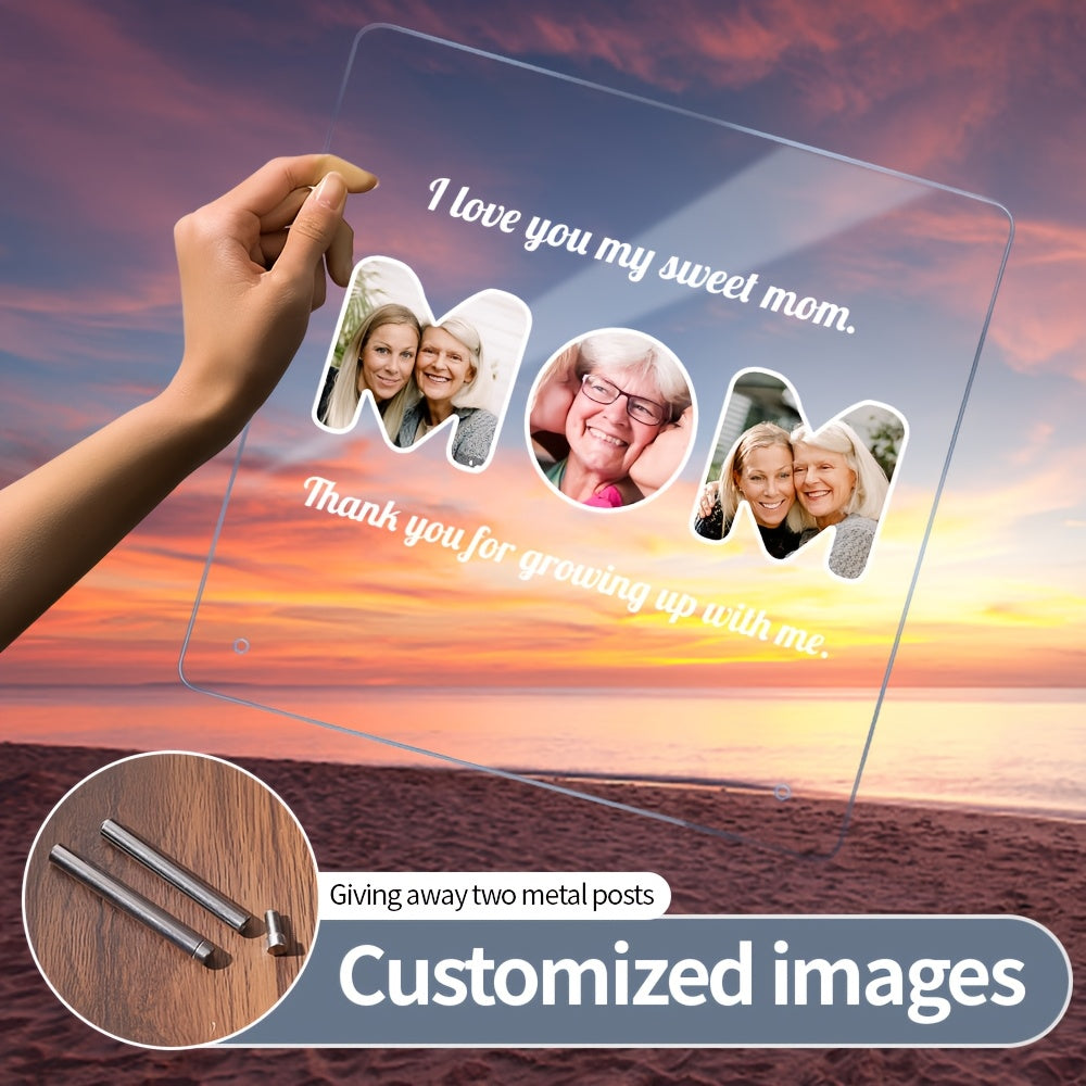 Customizable LED Light Acrylic Photo Frame featuring a Transparent Love Heart Design, perfect for any occasion like Christmas, Mother's Day, Father's Day, Pet Memorial, Anniversary, or Valentine's Day. A unique and thoughtful keepsake to display your