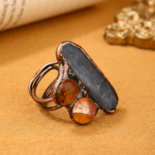 Handcrafted Vintage Bohemian Copper Cuff Ring featuring Natural Blue Crystal & Amber Rock Crystal Accents - Adjustable Design, Burn Welded for durability. Perfect for Women who love unique, natural jewelry. Suitable for Parties and Banquets, with no