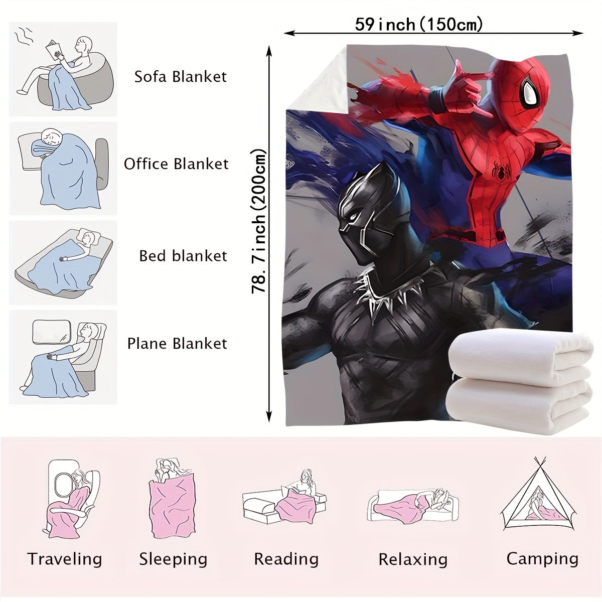 Experience the thrilling battle between Spider-Man and Black Panther on our stylish and detailed red, black, and gray interwoven blankets. Elevate your home with modern and fashionable accessories that bring your superhero dreams to life. Our range of