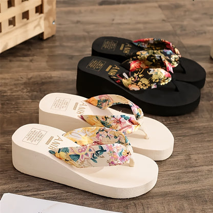 Floral print wedge flip flops with soft EVA sole, perfect for summer outings and holidays. Comfortable and stylish beachwear.