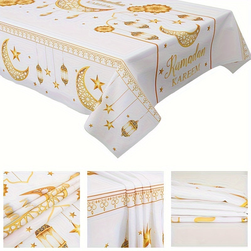 1pc Ramadan Kareem Tablecloth made of polyester, featuring Islamic moon and stars design, perfect for Eid Al-Fitr celebrations and home decor.