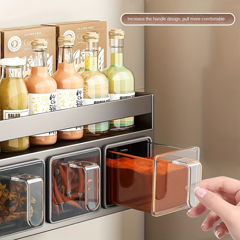 Organize your spices with ease using the Wall Mount Spice Rack Organizer. This hard anodized aluminum hanging shelf includes 5 clear jars for convenient storage. The multipurpose seasoning box holder features comfortable pull handles for added