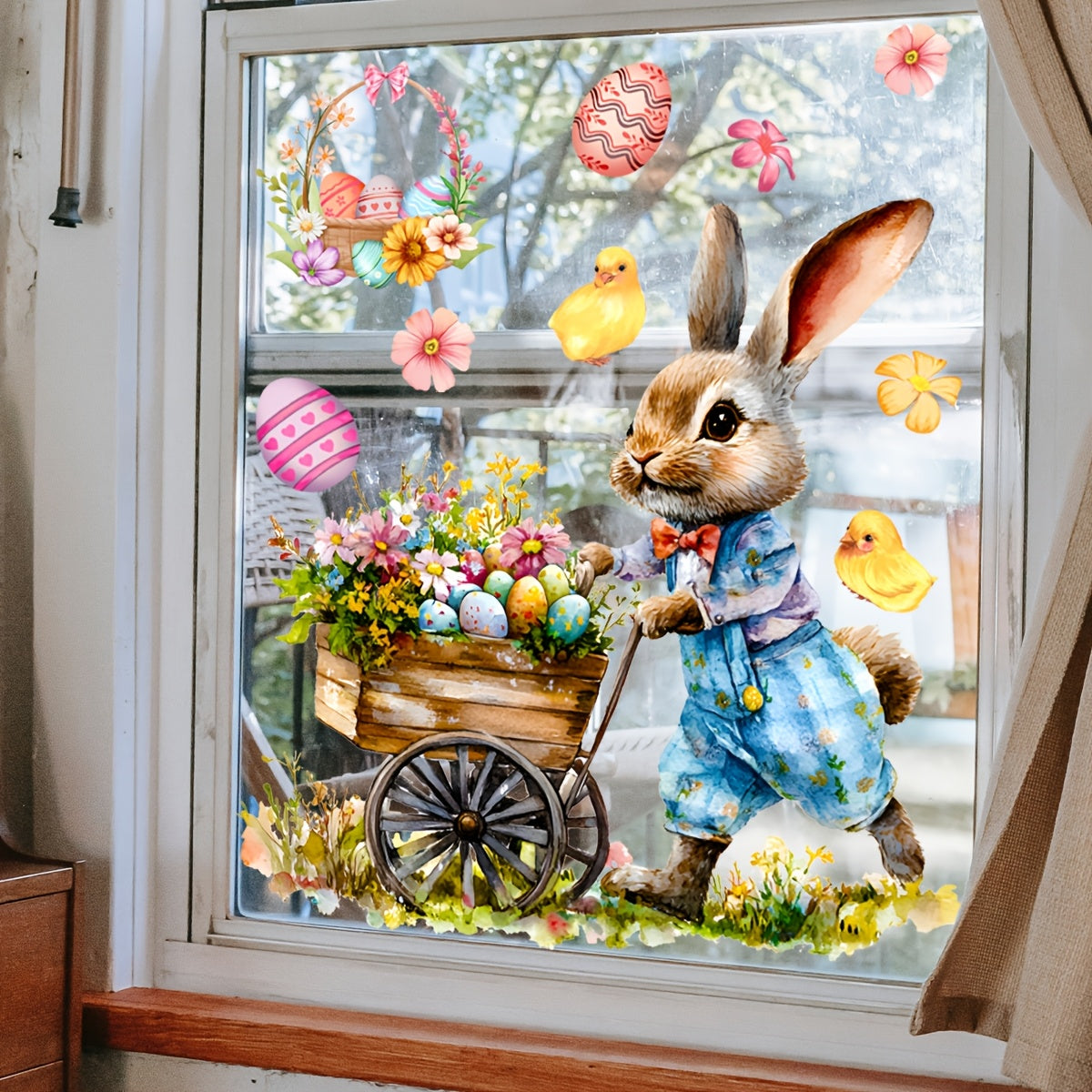 Window cling decal featuring an Easter Bunny and Chick in a basket - 30.48cm x 30.48cm size made of ultra-thin PVC. Self-adhesive with a festive floral egg design, perfect for decorating bedrooms and balconies.