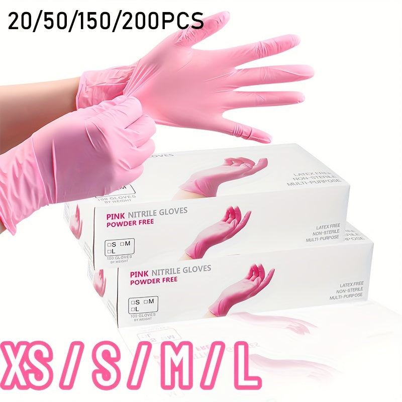 Disposable light pink nitrile gloves for household cleaning, hair dyeing, painting, and food processing. Available in packs of 20, 50, 100, 150, and 200 pieces. Perfect for disposable apparel.