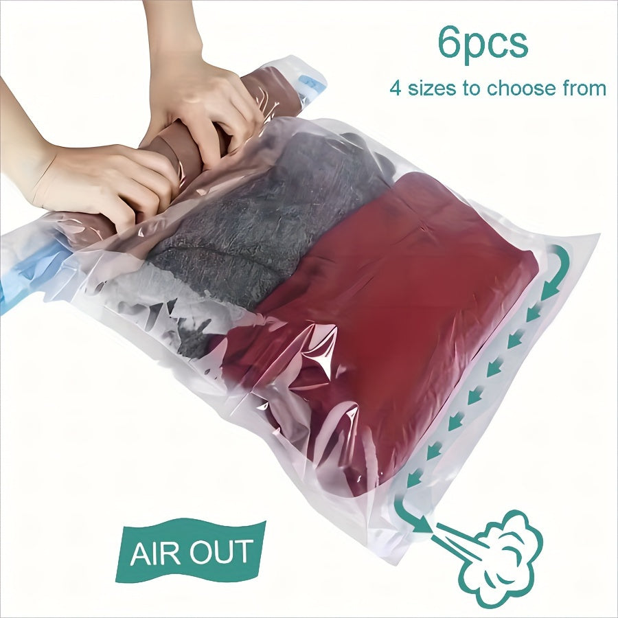 6-piece set of vacuum storage bags, great for storing blankets, bedding, clothes, quilts, and duvets while traveling. These portable plastic bags are essential for saving space in your home and keeping your items organized.