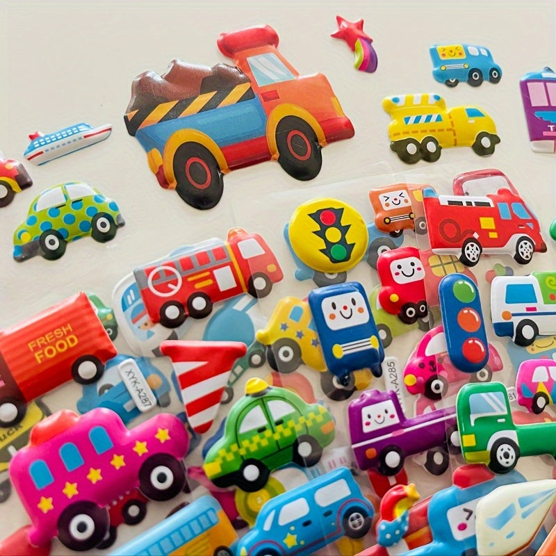 Set of 8 cartoon vehicle stickers featuring 3D Stereoscopic Cars, Fire Trucks, and Excavators. Fun and educational reward stickers in mixed colors, self-adhesive plastic.