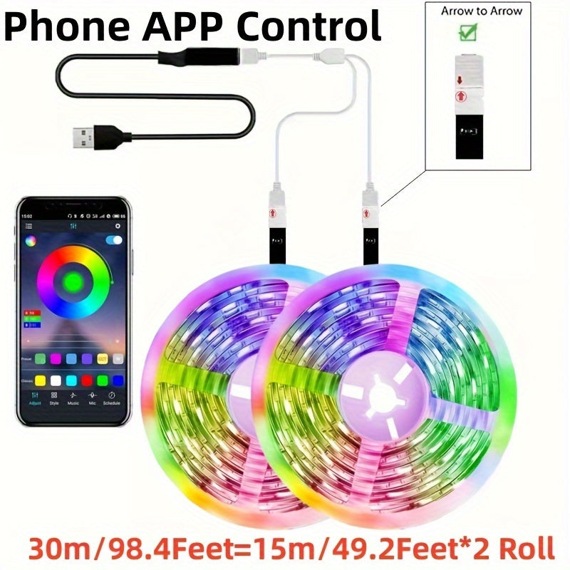 Intelligent RGB LED strip lights powered by USB, featuring music synchronization, app control, customizable modes, timer function - ideal for home decoration and creating a festive