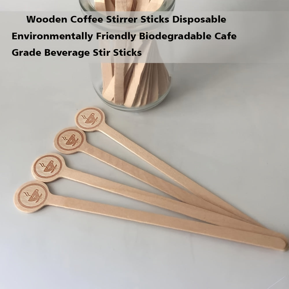 100pcs of high-quality biodegradable wooden coffee stirring sticks with round head, suitable for stirring 15.24 cm coffee, milk, cocktails, and tea in cafes. Disposable and environmentally friendly.