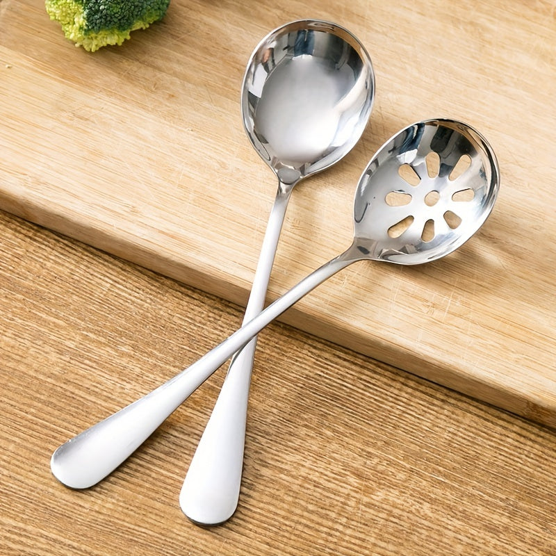 Six-piece stainless steel buffet dinner restaurant service spoon set includes three regular service spoons and three slotted service spoons in silvery color, perfect for party banquets.