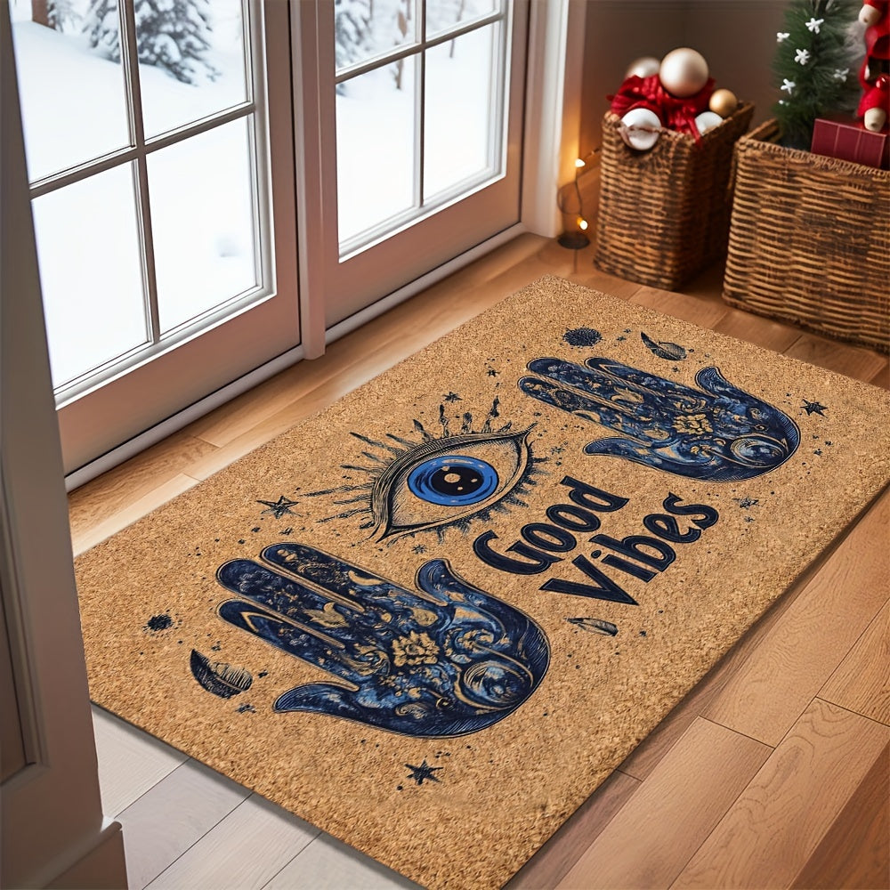 Non-Slip Evil Eye Welcome Mat: This machine washable polyester rug, with rubber backing, is perfect for both indoor and outdoor use. Ideal for the entryway, bedroom, or balcony, this lightweight rectangular floor mat makes the perfect Christmas gift for