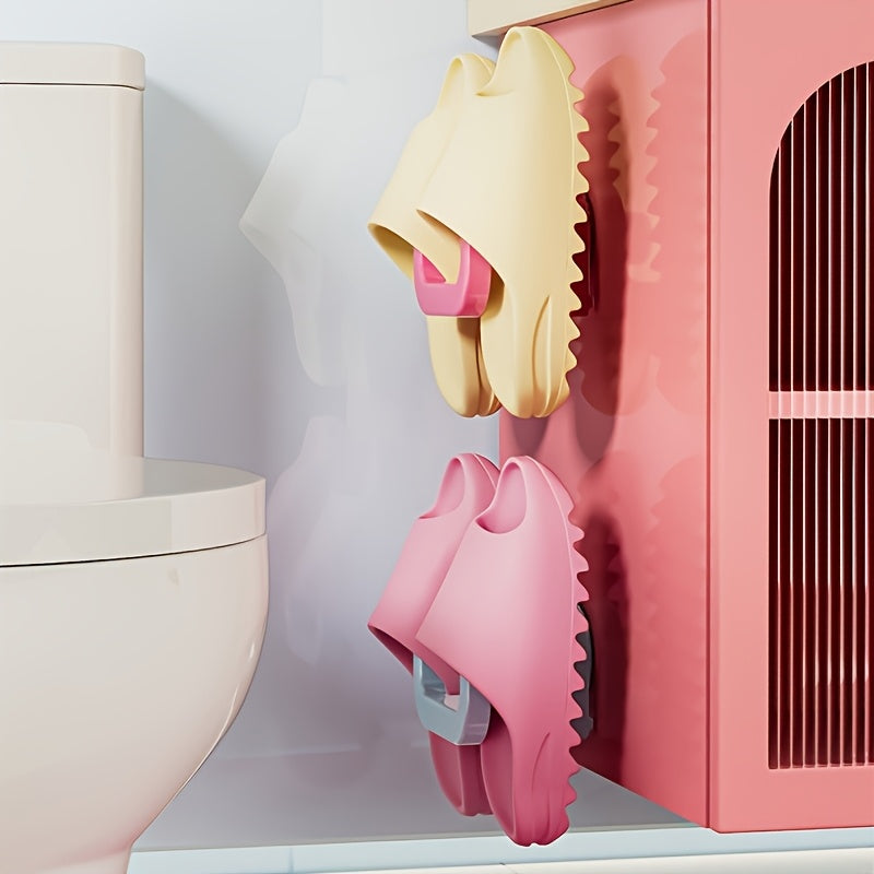 Bathroom slipper rack in dopamine style, features two pieces with suction cup hooks for easy installation. Versatile design also functions as a shoe storage rack, toilet shelf, and wall hanger bracket without the need for punching holes.