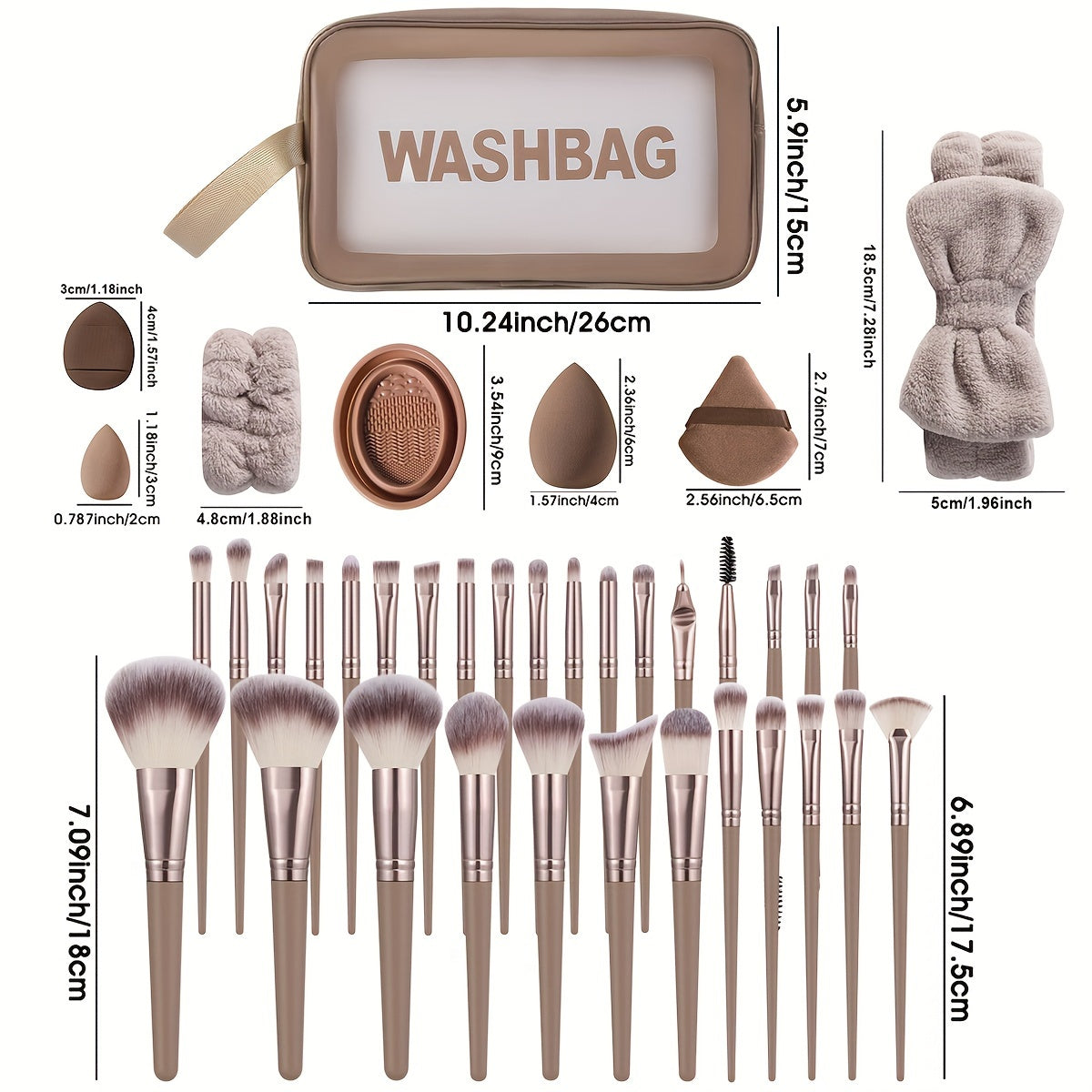 51-Piece Makeup Tool Set includes 30 palm brush makeup brushes, wash bag, hair tie, 2 wristbands, 8 makeup sponges, 8 powder puffs, and cleaning bowl. Nylon bristle and ABS handle for