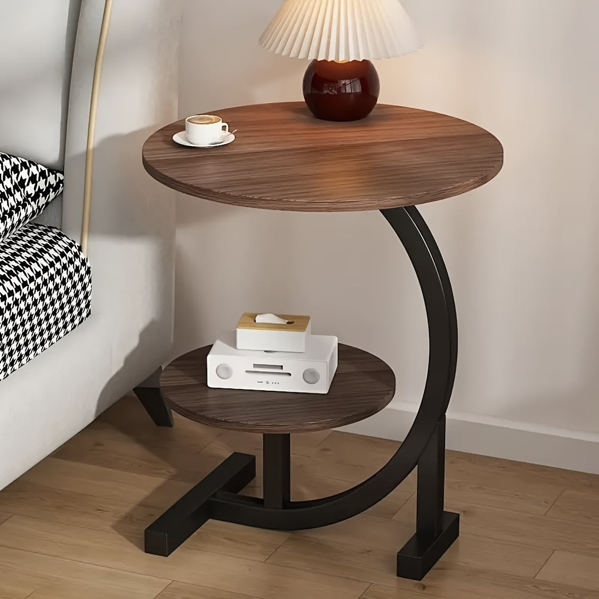 Stylish double-layer coffee table with metal legs for various spaces, featuring durable wood top in deep brown, white, or black. Ideal for living rooms, offices, or balconies.