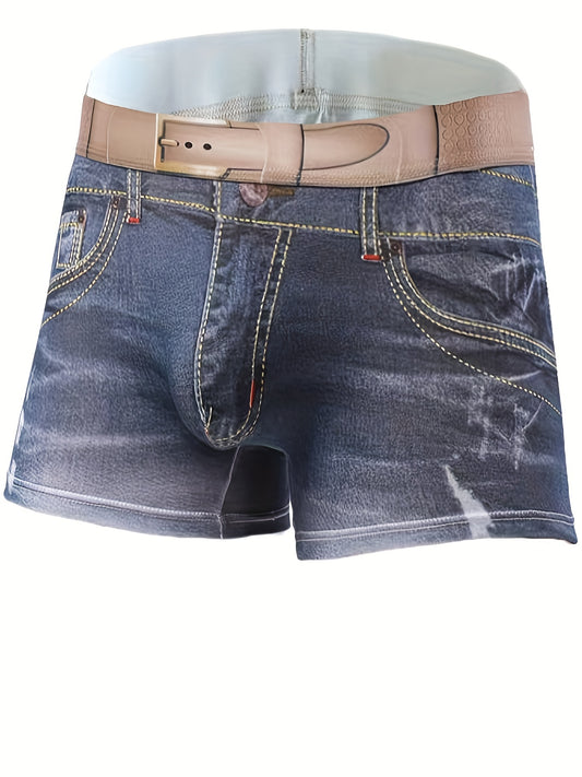 Men's fashion cotton 3D denim boxer briefs with belt print, breathable and stylish underwear.