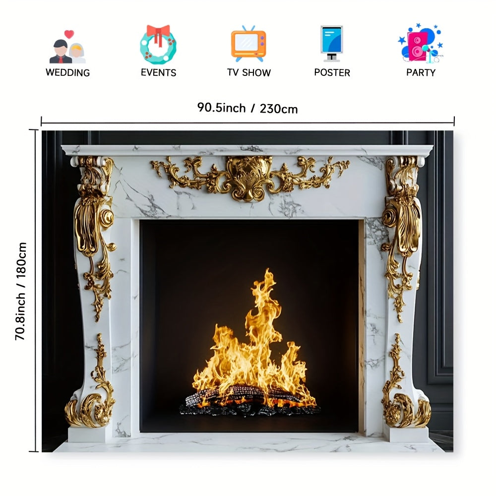 Classy White Marble Fireplace with Beautiful Golden Baroque Details - Perfect Polyester Background for Photoshoots, Events & Seasonal Decor