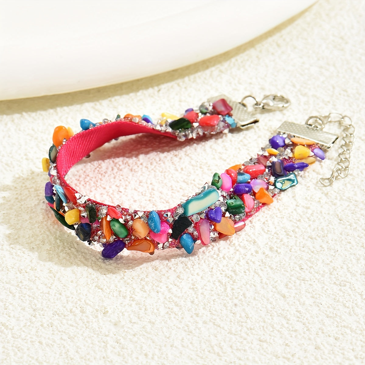 Boho-inspired Wide Bangle Bracelet with Colorful Inlaid Shiny Faux Gems and Rhinestones, Elegant Hand Jewelry Piece