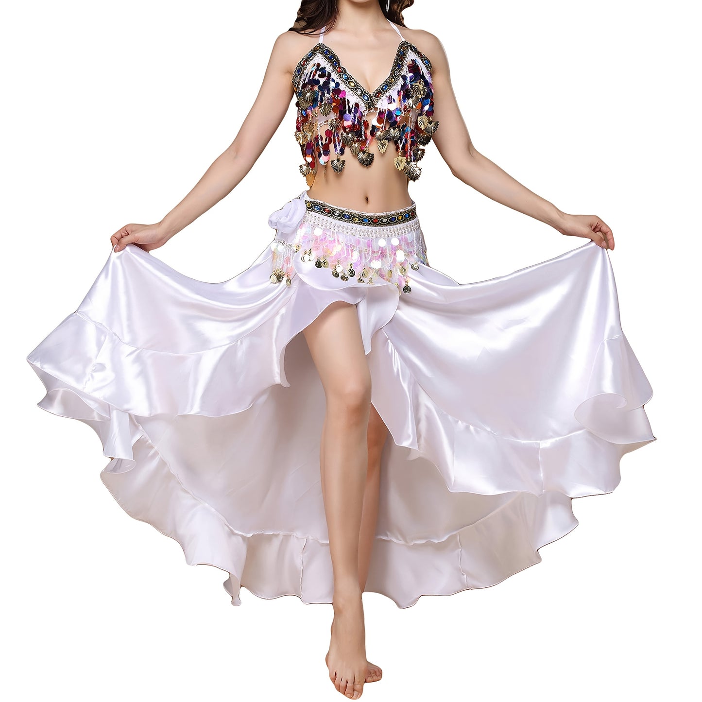 Adult women's belly dance costume set includes bra, belt, and flowy skirt in red/yellow/black polyester fiber for stage performances.