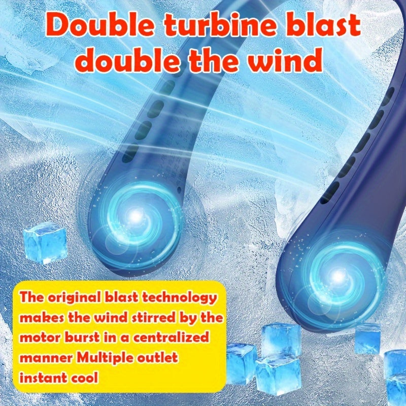 USB Neck Fan for all genders with silent continuous operation and no heat output. Features a display screen, 5-level air cooling adjustment, and a long-lasting battery. A must-have back-to-school essential for outdoor sports, travel, and the summer