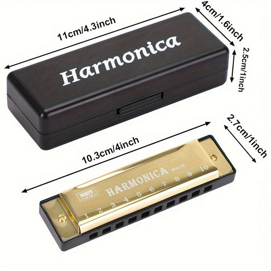 Beginner-level, stainless steel harmonica in golden color with 10 holes and protective case. Perfect gift option.