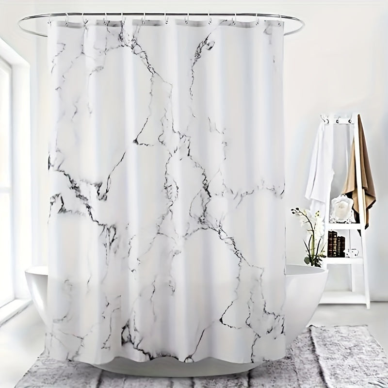 Get the Elegant Marble Pattern Shower Curtain Set with Plastic Hooks for your bathroom. This waterproof, moisture-resistant polyester curtain is machine washable and extra long at 180.34x199.9cm. Enhance your bathroom with this chic decor set.