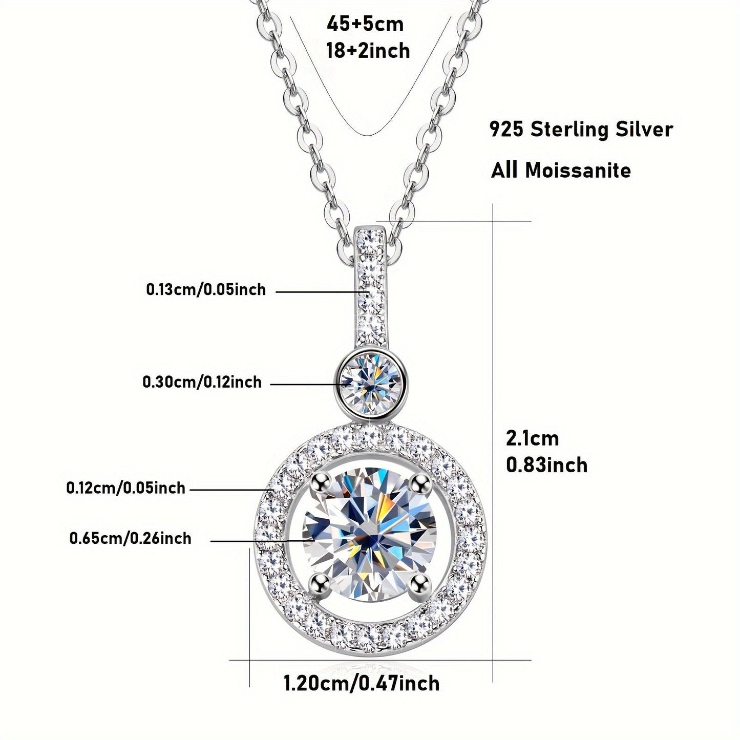 3.37g vaznli ajoyib kumush pendant 6.5mm Mozambik toshi, 3mm Mozambik toshi, 1.3mm Mozambik toshidan 4 dona va 1.2mm Mozambik toshidan 24 dona o'z ichiga oladi, jami 1.33ct. Ushbu pendant 925 sterling kumush ayollar uchun bog'langan.