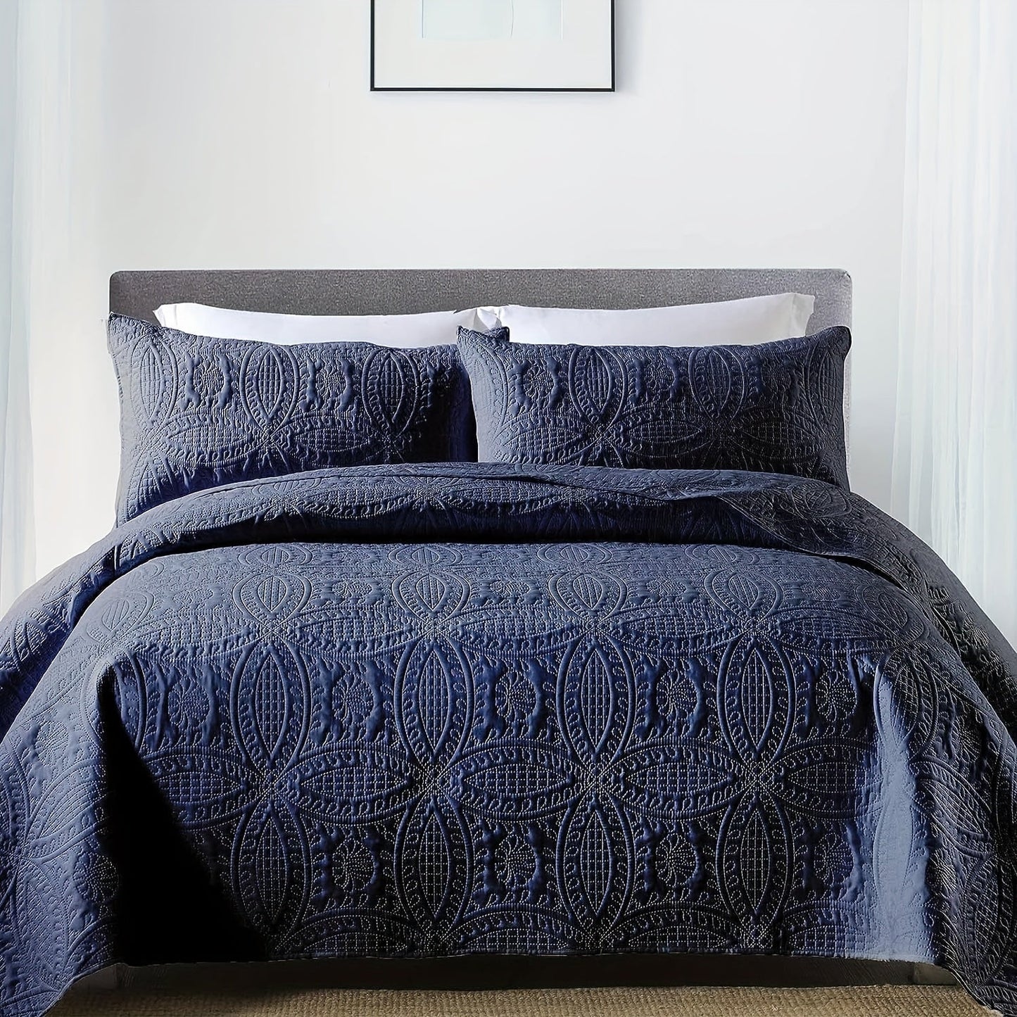 Comfortable and airy three-piece bedspread set featuring Soundwave technology and embossed circles design. Set includes one bedspread and two pillowcases, ideal for adding a touch of summer comfort to your bedroom or dorm decor. The perfect addition to