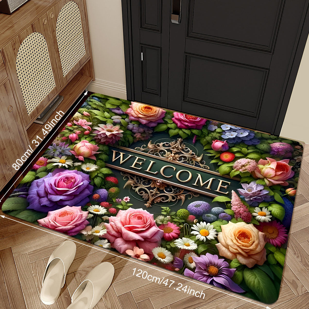 Introducing the Welcome Floral Doormat - A Polyester Non-Slip Mat that is Stain Resistant, Lightweight, Washable, and Perfect for Indoor or Outdoor use. This Rectangular Entrance Mat is ideal for occasions like Christmas, Thanksgiving, Valentine's Day